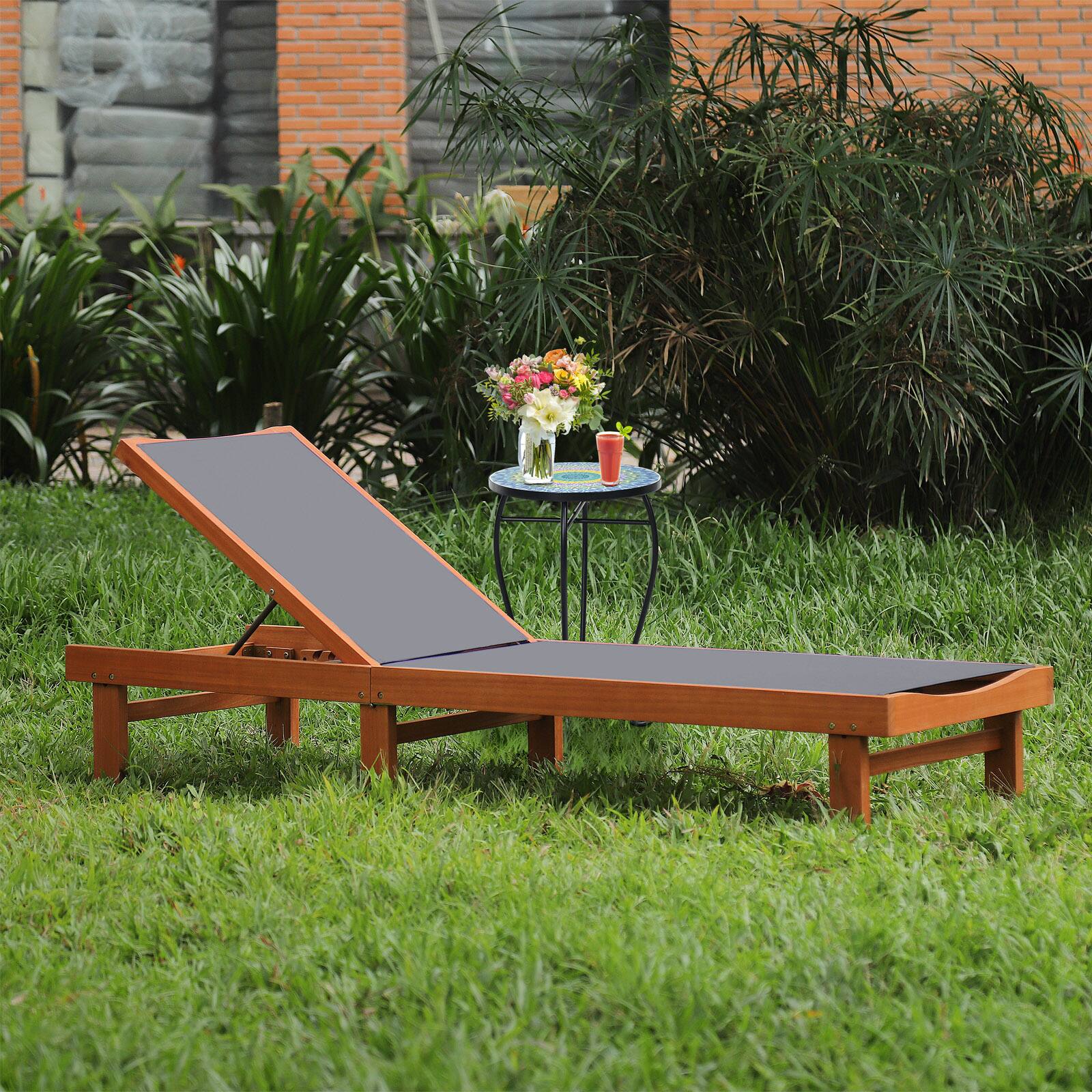 Alt View 1. Costway - Costway Patio Lounge Chair Chaise Solid Wood Back Adjustable Recliner Deck Furniture - Gray.