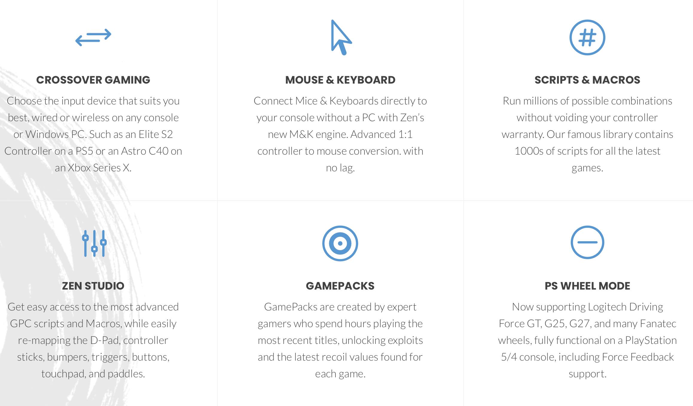 The text on the image is already grouped and correctly formatted. It describes various features and benefits of using Zen's input devices, such as mice and keyboards, for gaming on different consoles. The text also highlights the advanced 1:1 controller-to-mouse conversion, the extensive library of scripts for various games, and the ease of use with the gamepacks.