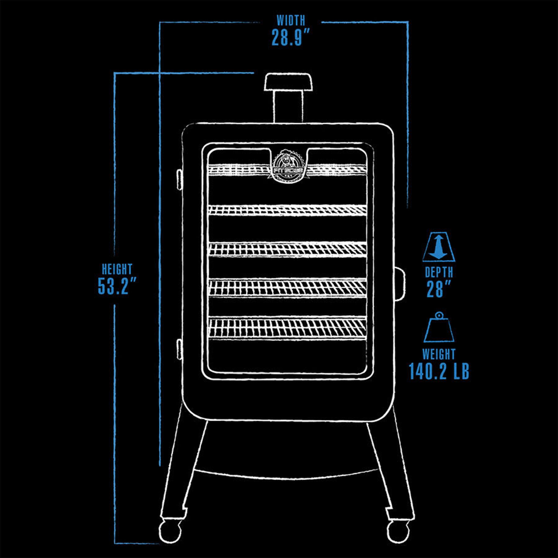The text on the image reads:

WIDTH 28.9"
HEIGHT 53.2"
DEPTH 28"
WEIGHT 140.2 LB