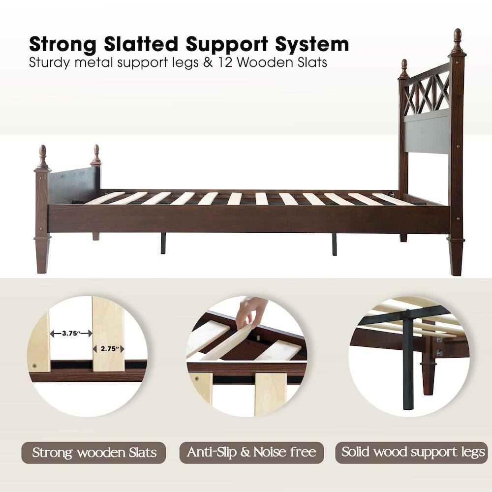 Strong Slatted Support System  
Sturdy metal support legs & 12 Wooden Slats  

Strong wooden Slats  
Anti-Slip & Noise free  
Solid wood support legs