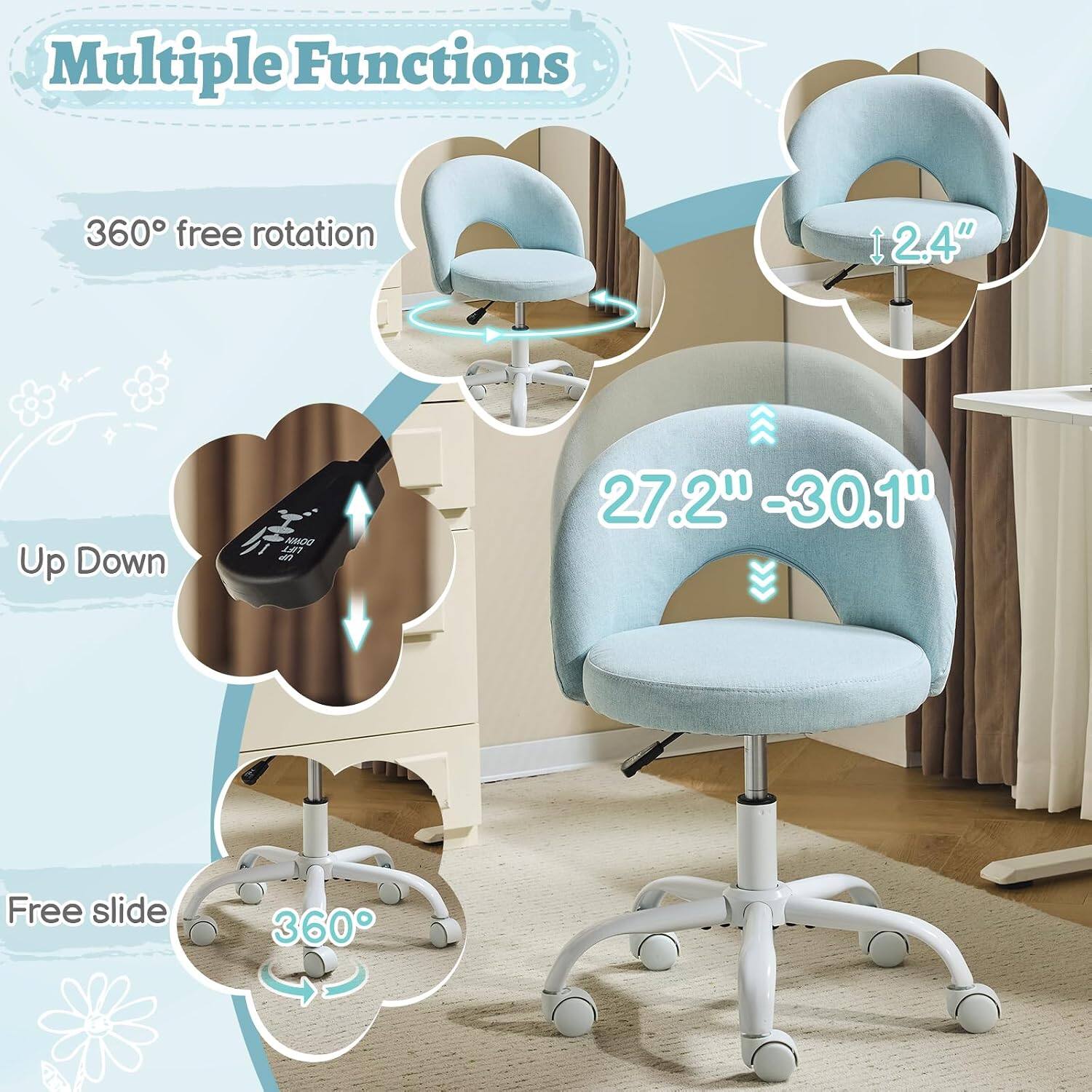 Multiple Functions  
360° free rotation  
2.4" Up Down  
27.2" - 30.1"  
Free slide  
360°