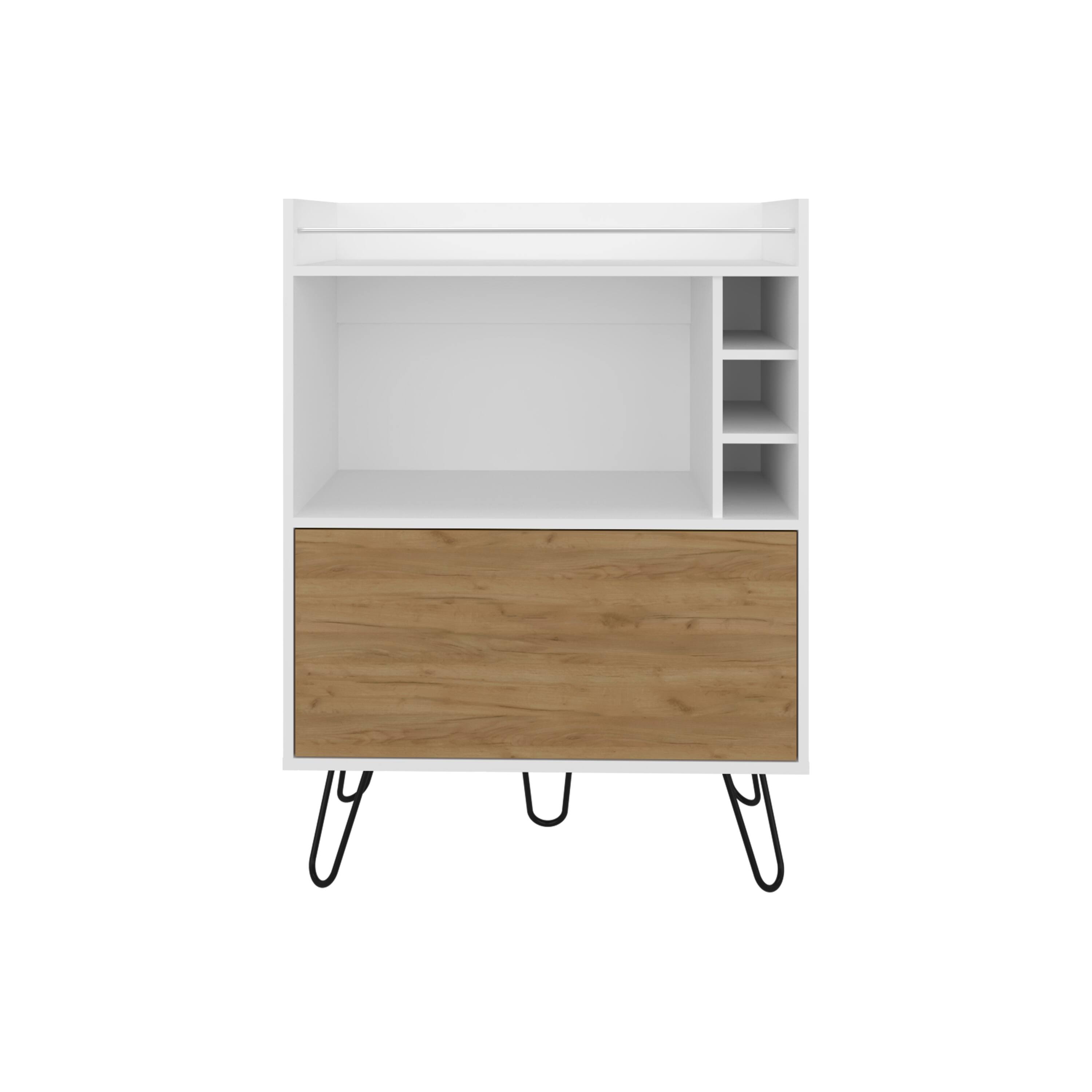 Alt View 4. TuHome - Tori Tall One-Door Bar Cabinet with Three Cubbies, Three Shelves, Top Prep Surface with Rail For Living Room - White - Natural Oak.
