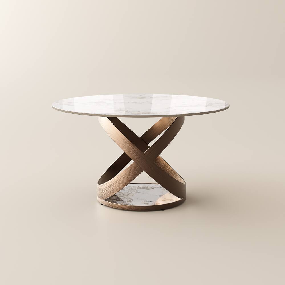 Alt View 9. POVISON - 51" Modern Gold Round Dining Table for 4, Pandora Glossy Sintered Stone Tabletop with Bronze X Carbon Steel Base - Pandora Glossy Sintered Stone with Bronze.