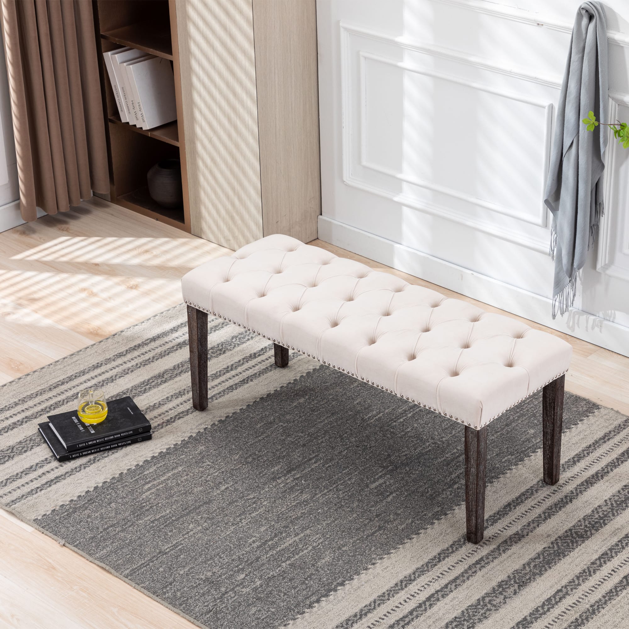 TinyHomie - Heng Ming Upholstered Tufted Velvet Bench Ottoman Beige Entryway Dining Living Room - White