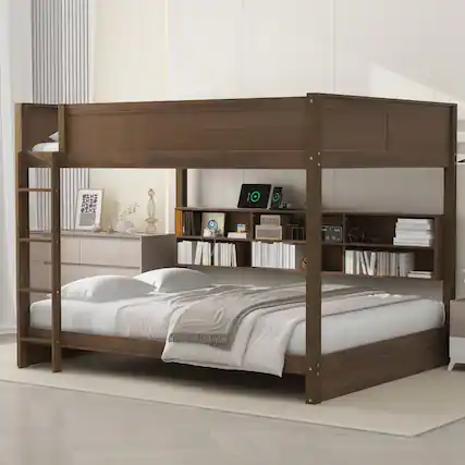 Front. Loheer - Loheer Queen Over Queen Bunk Bed with Storage Cabinets and USB Ports Antique Wood - Antique Wood.