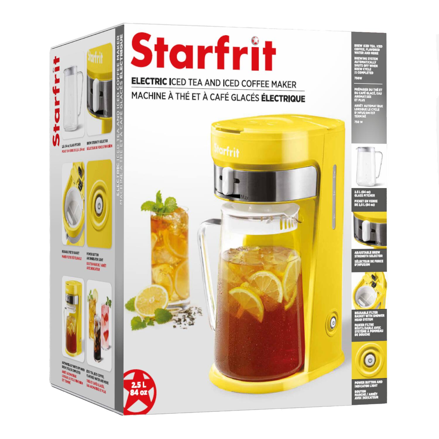 Starfrit Electric Iced Tea and Iced Coffee Maker  
Machine à Thé et à Café Glacés Électrique  

- Brews Iced Tea, Iced Coffee, and Flavored Coffees  
- Brews System Off When Brew is Completed  
- Adjustable Brew Strength Selector  
- Reusable Filter Head System  
- Power Button and Indicator Light  
- 2.5 L (84 oz) Glass Pitcher  
- Adjustable Brew Strength Selector  
- Reusable Filter Head System  
- Power Button and Indicator Light