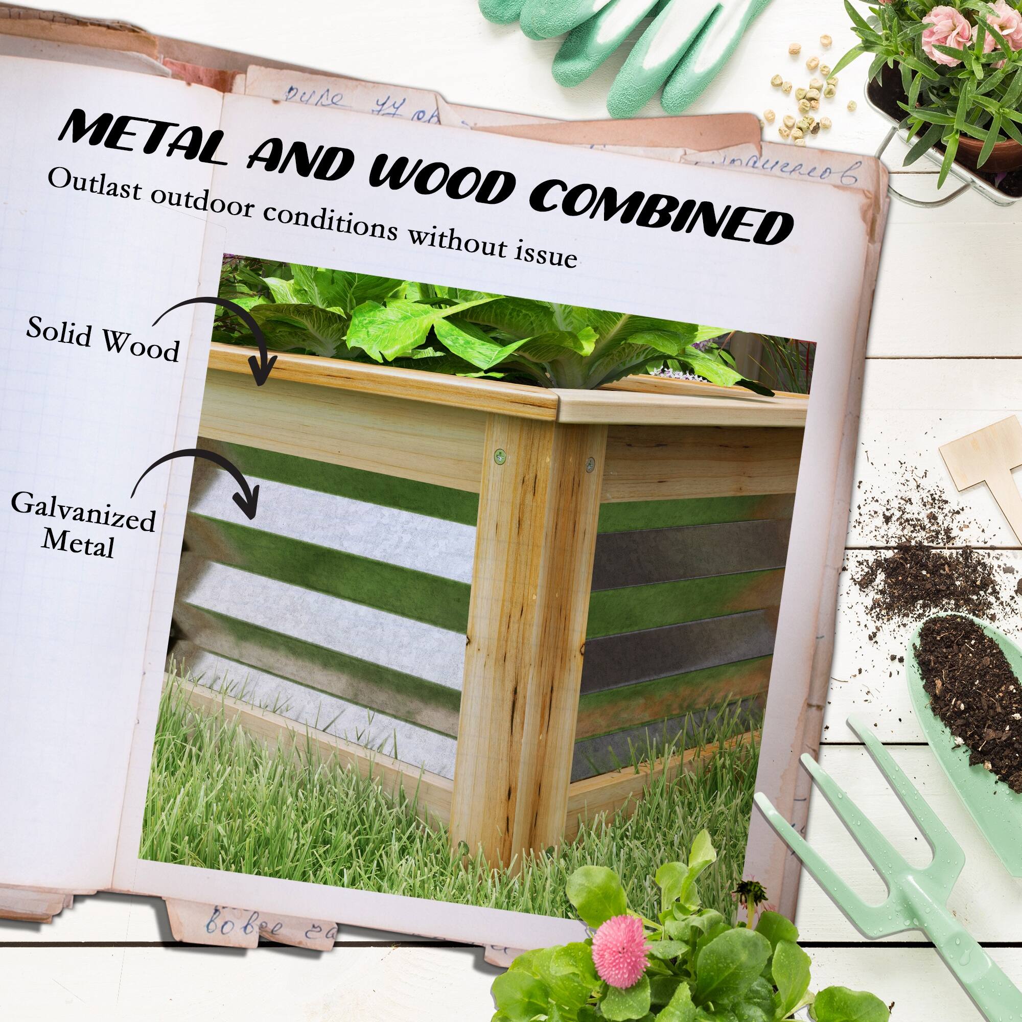 METAL AND WOOD COMBINED  
Outlast outdoor conditions without issue  

Solid Wood  
Galvanized Metal
