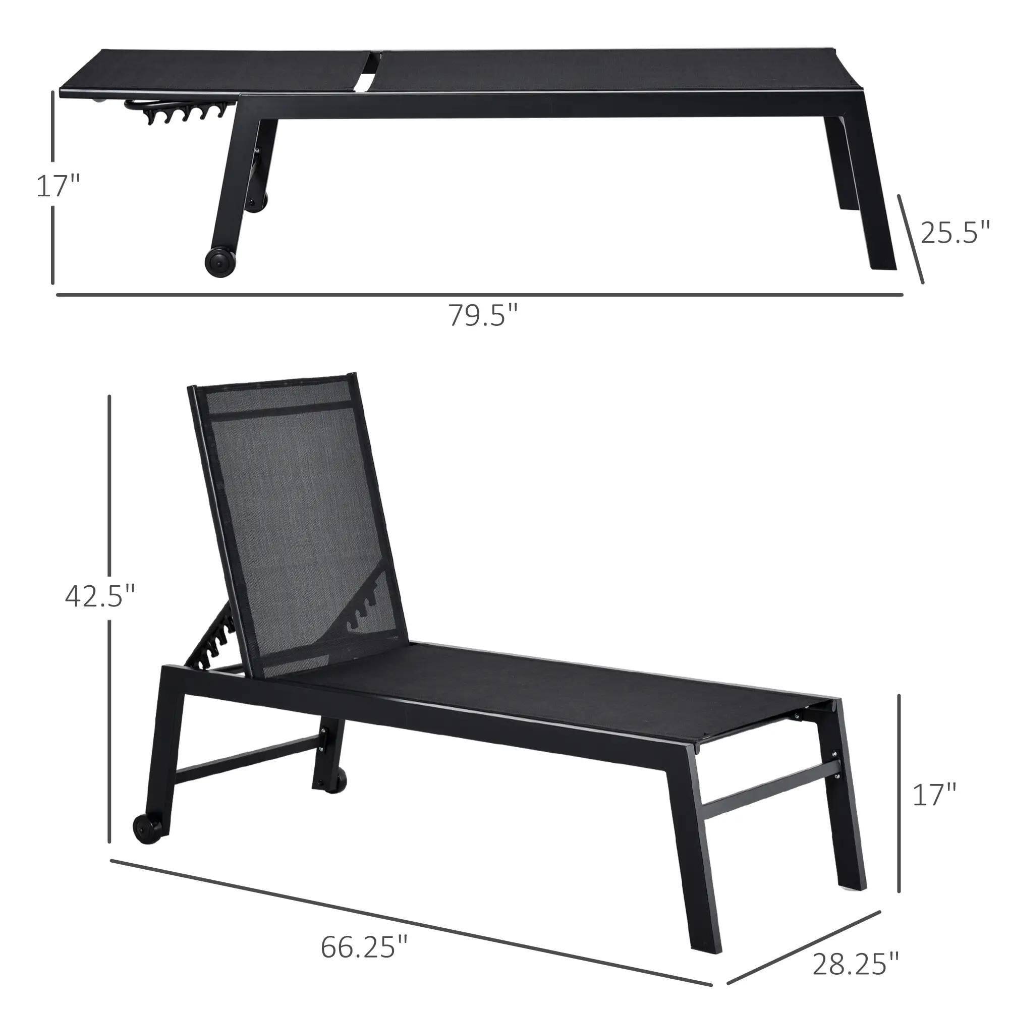 The dimensions of the table are 79.5" long, 25.5" wide, and 17" high. The dimensions of the chair are 66.25" long, 28.25" wide, and 42.5" high.