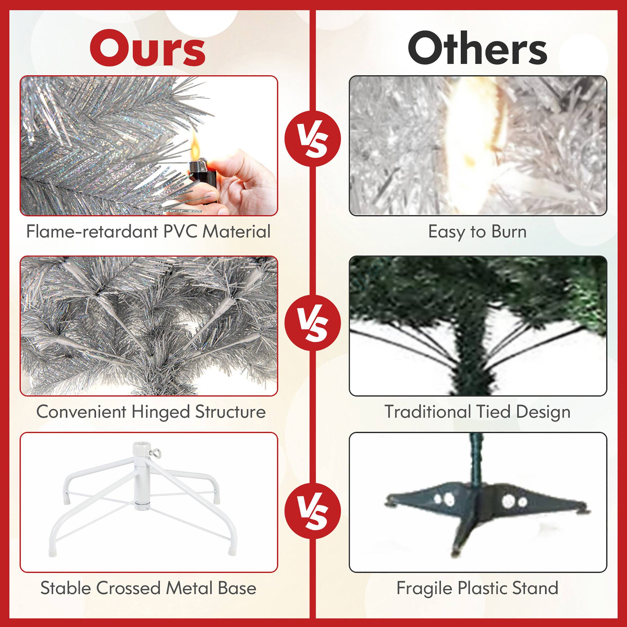 Ours  
Flame-retardant PVC Material  
Convenient Hinged Structure  
Stable Crossed Metal Base  

Others  
Easy to Burn  
Traditional Tied Design  
Fragile Plastic Stand