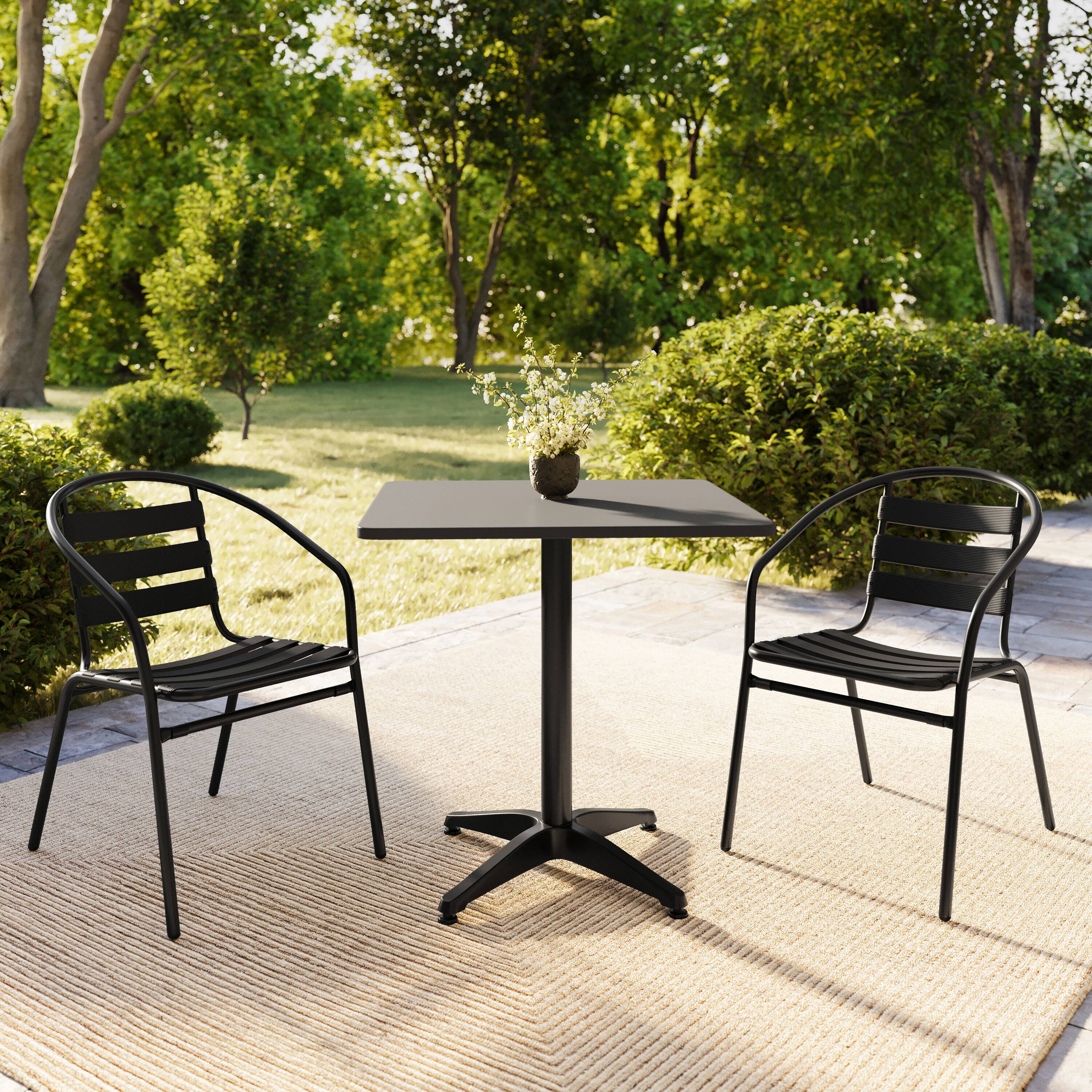 Alt View 2. Flash Furniture - Lila 27.5'' Black Square Aluminum Indoor-Outdoor Table Set with 2 Black Slat Back Chairs - Black.