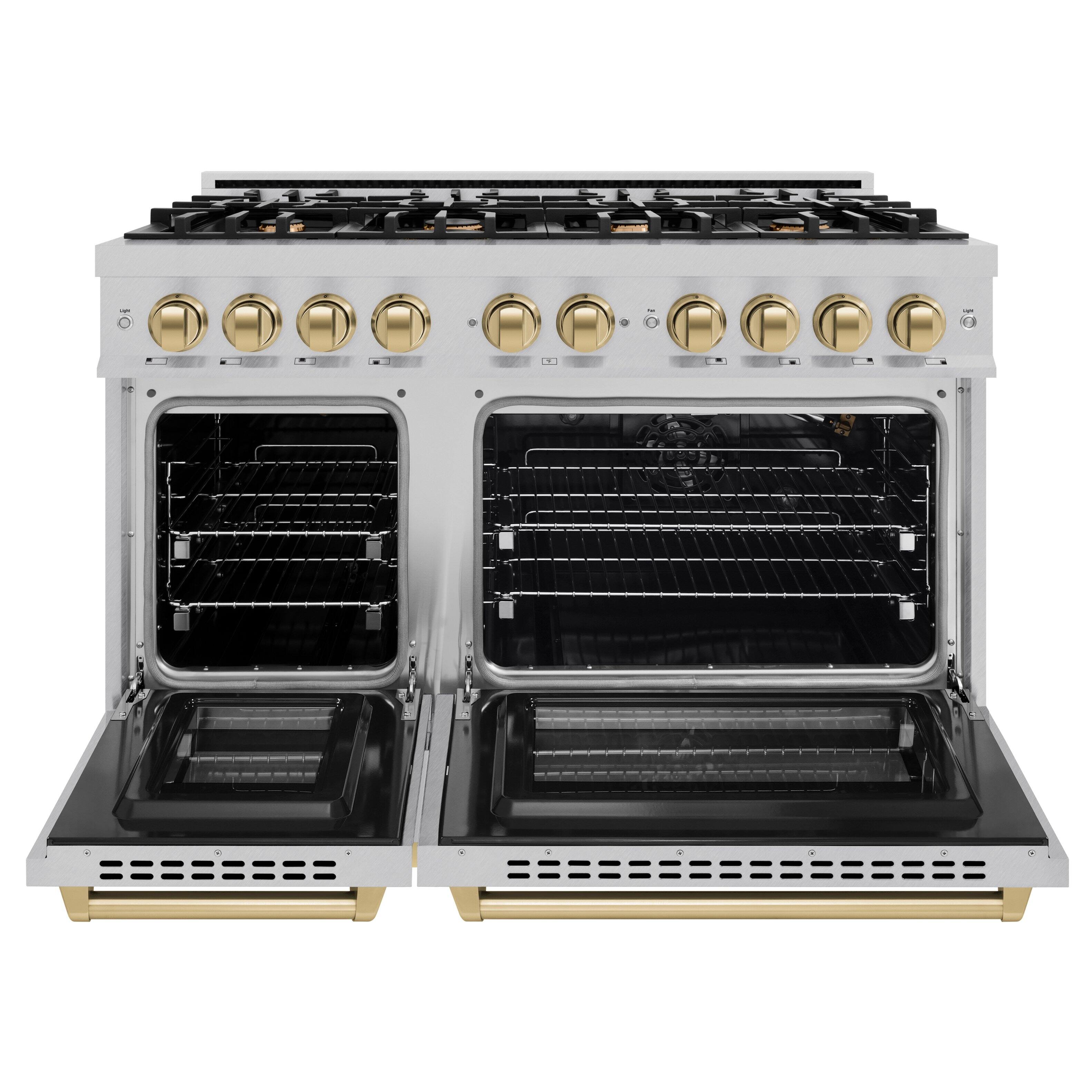 Left. ZLINE - ZLINE Autograph 48 in. 6.7 cu. ft. Freestanding Select Satin Steel Gas Range w/ 8 Burners & Bronze Accents - Satin Stainless Steel.