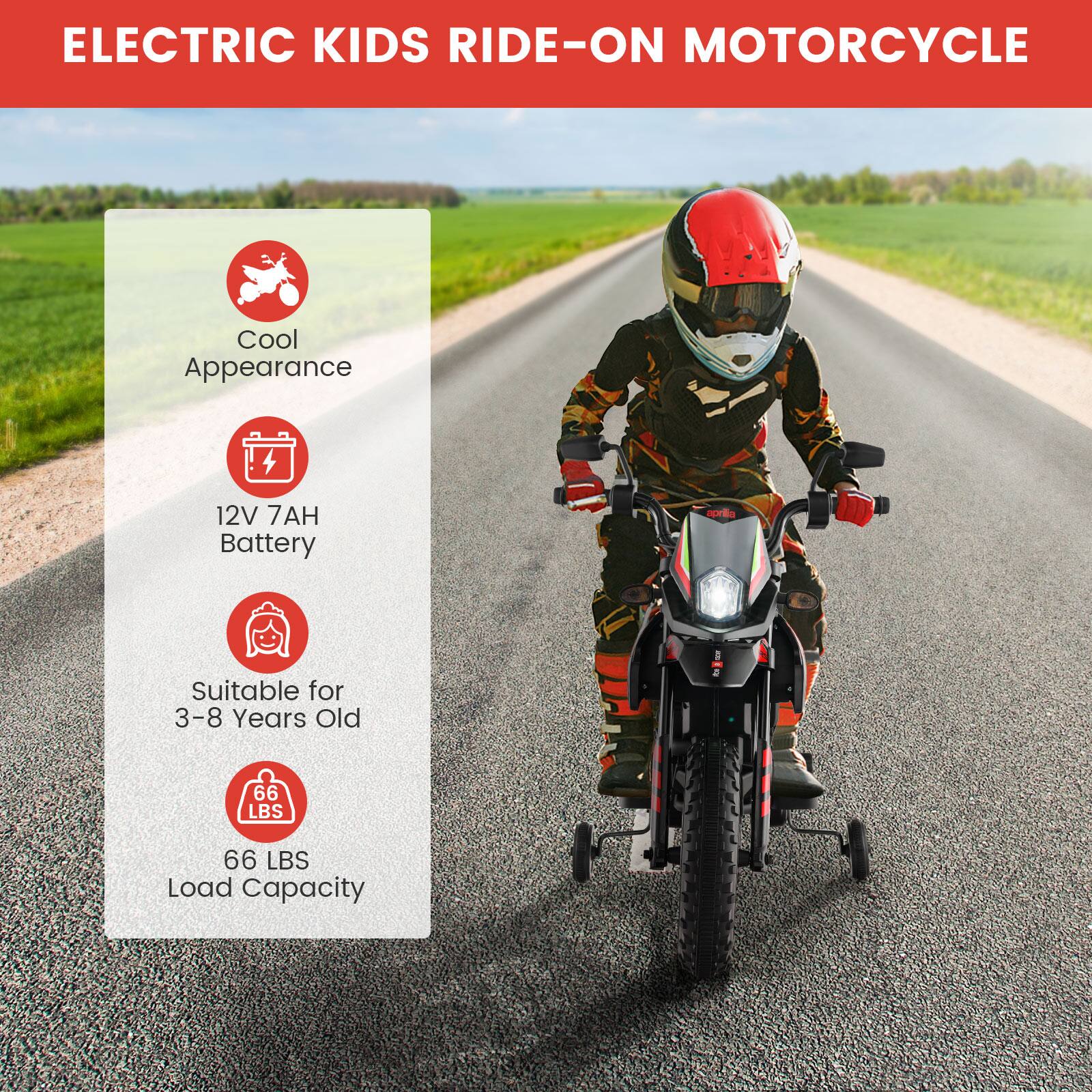 ELECTRIC KIDS RIDE-ON MOTORCYCLE

- Cool Appearance
- 12V 7AH Battery
- Suitable for 3-8 Years Old
- 66 LBS Load Capacity