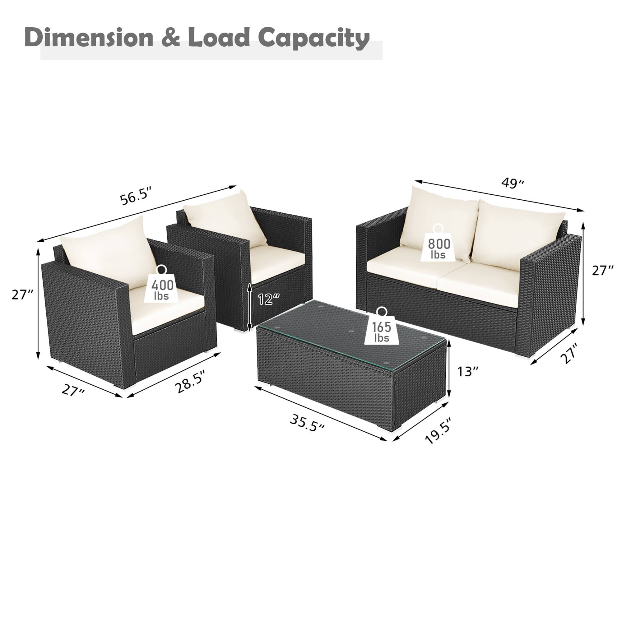 Dimension & Load Capacity

- 56.5" x 27" x 28.5" x 12" - 400 lbs
- 49" x 27" x 19.5" x 13" - 800 lbs
- 35.5" x 19.5" x 13" - 165 lbs