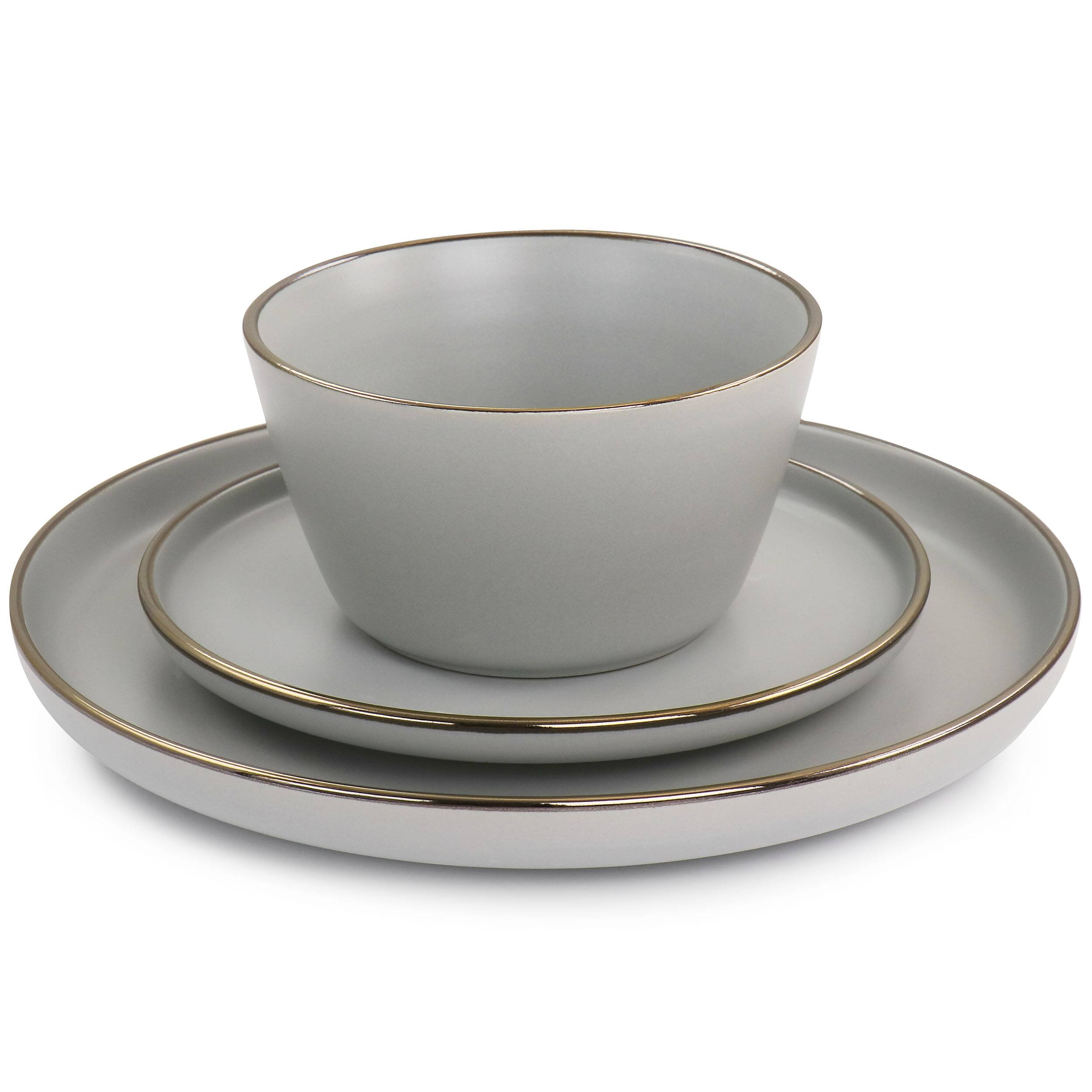 Alt View 2. Elama - Elama Louis 16 Piece Stoneware Dinnerware Set in Matte Slate with Gold Rim - Slate and Gold.
