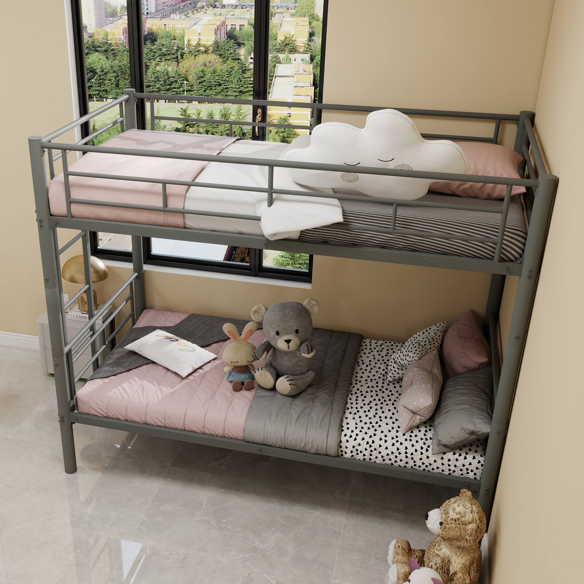 Alt View 3. GOODSILO - Twin Over Twin Metal Bunk Bed Frame with Ladder and Guardrail for Kids, Convertible to Two Separate Beds - Silver.