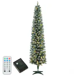 Forest'nSky - 8 ft. Flocked Pencil Pre-Lit Christmas Tree with 300 Dual-Color LEDs and Remote Control - Green, White