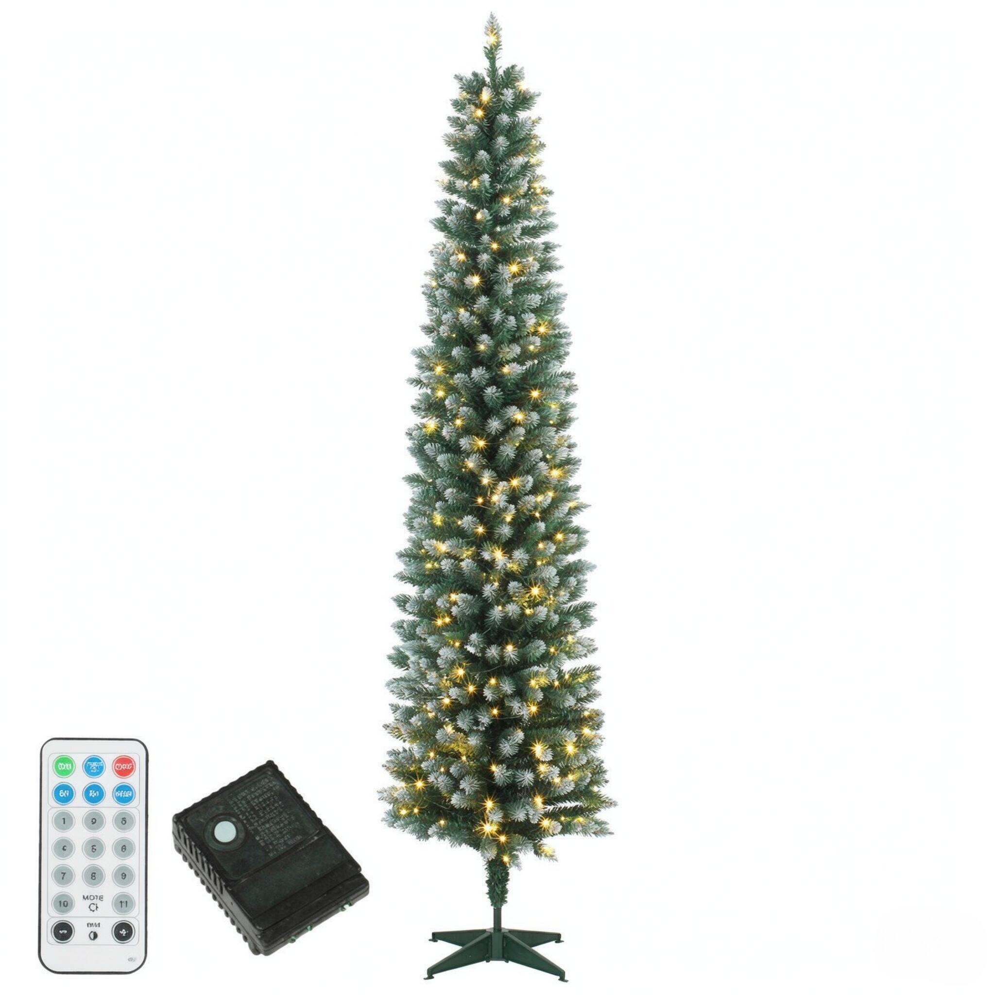 Forest'nSky - 8 ft. Flocked Pencil Pre-Lit Christmas Tree with 300 Dual-Color LEDs and Remote Control - Green, White