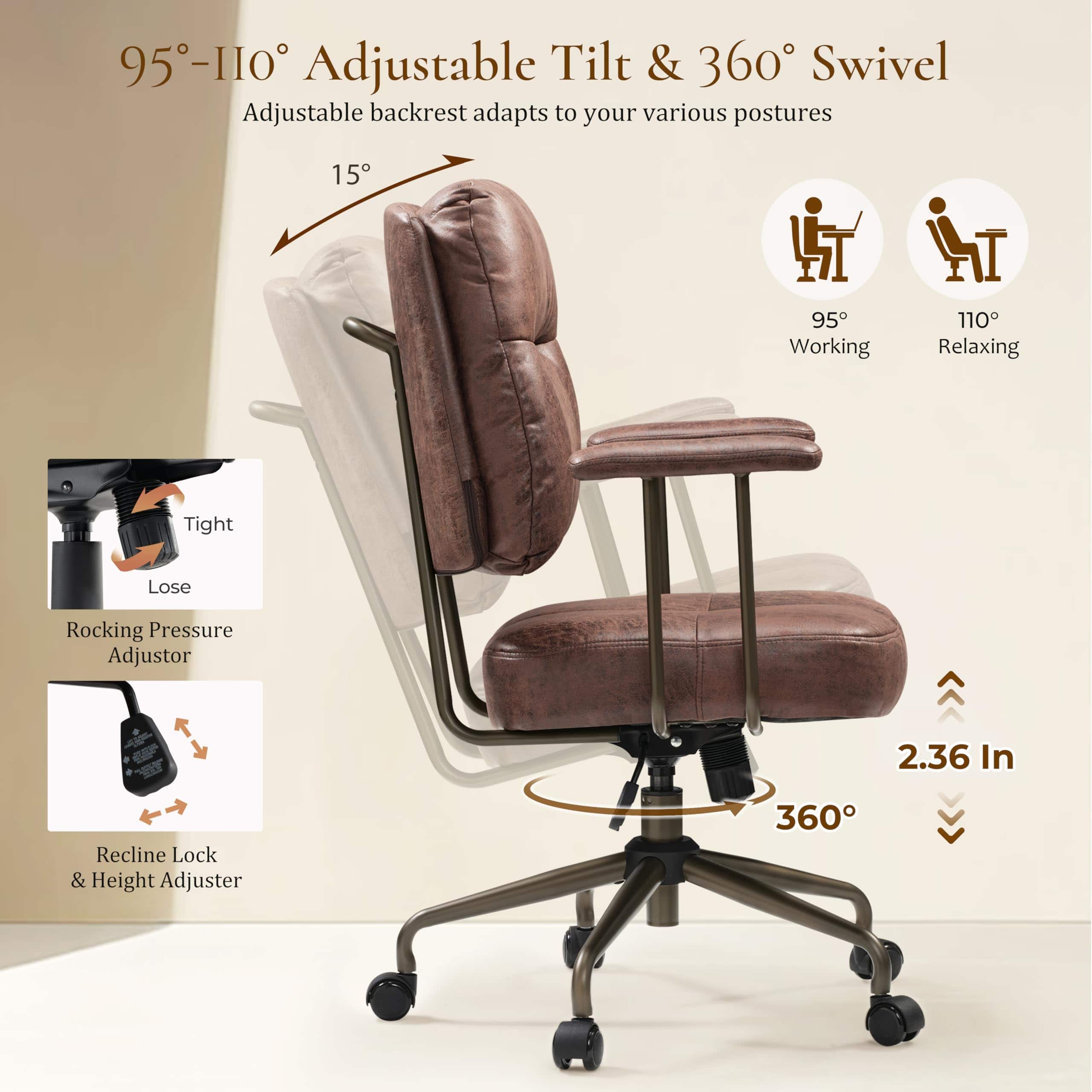 Eureka Ergonomic - Home Office Chair Leather with Lumbar Support Mid Back Cushion Height Adjustable - Brown - Thumbnail 4