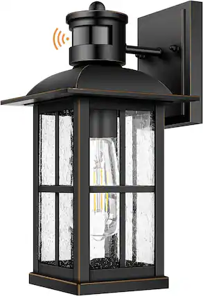 Front. Nordic Hygge - Motion Sensor Outdoor Light - Advanced Dusk to Dawn Exterior Lantern Fixtures Wall Sconce - Black with Gold Trim.