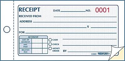 RECEIPT  
DATE _______ NO. 0001  

RECEIVED FROM  
ADDRESS _______  

FOR _______  

ACCOUNT  
AMT. OF ACCOUNT _______  
AMT. PAID _______  
BALANCE DUE _______  

CASH [ ] CHECK [ ] MONEY ORDER [ ]  

BY _______  

©2001 REDFORM®