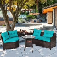 Costway 4PCS Outdoor Patio Rattan Furniture Set Cushioned Sofa Table - Dark Brown/Turquoise - Front_Zoom