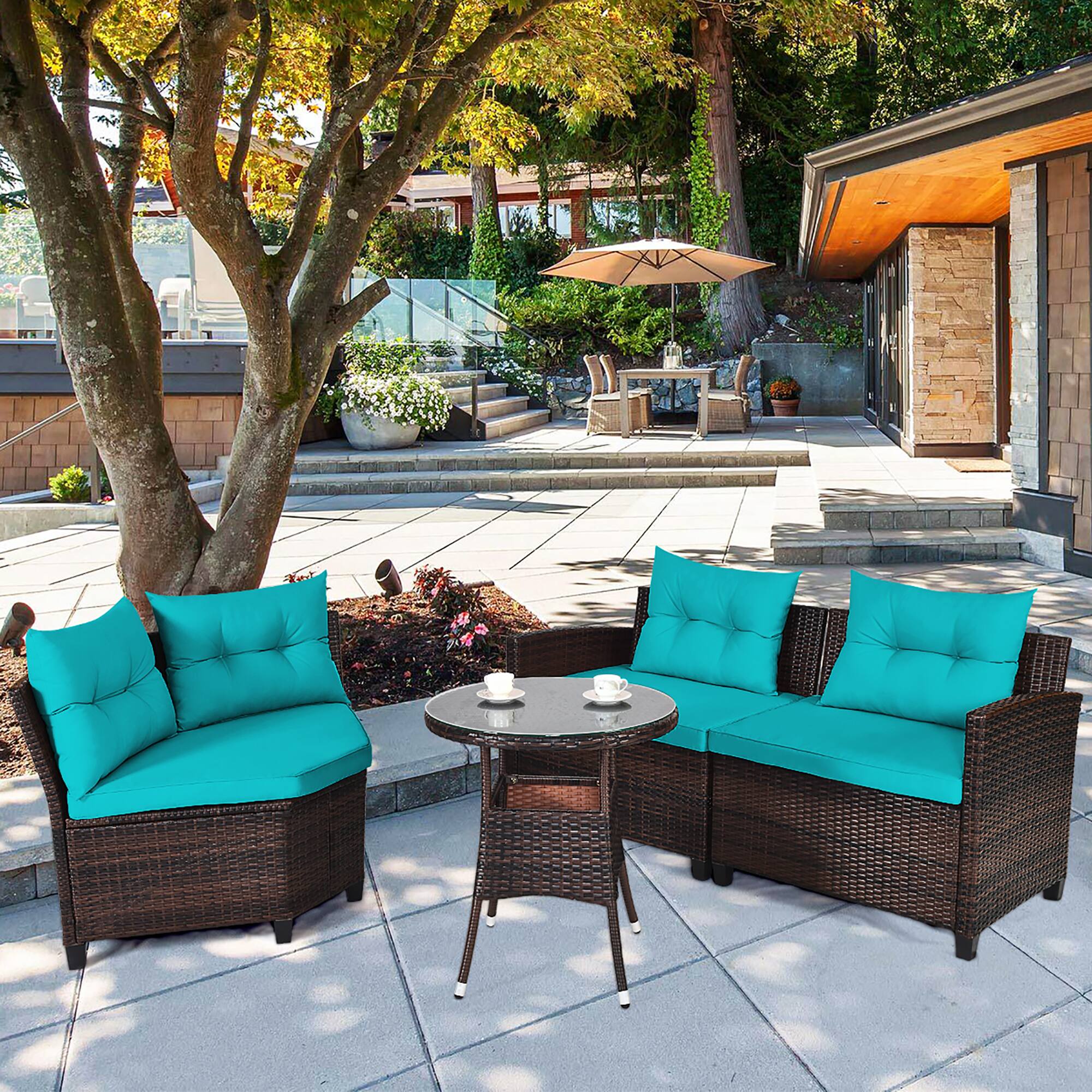 Alt View 1. Costway - 4PCS Outdoor Patio Rattan Furniture Set Cushioned Sofa Table - Dark Brown/Turquoise.