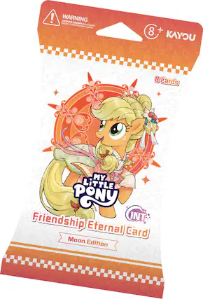 Sure, here is the corrected and grouped text from the image:
---
**WARNING**
CHOKING HAZARD - Small parts. Not for children under 3 years.
**8+**
KAYOU
**8 Cards**
**MY LITTLE PONY**
Friendship Eternal Card
Moon Edition
**INT**
---