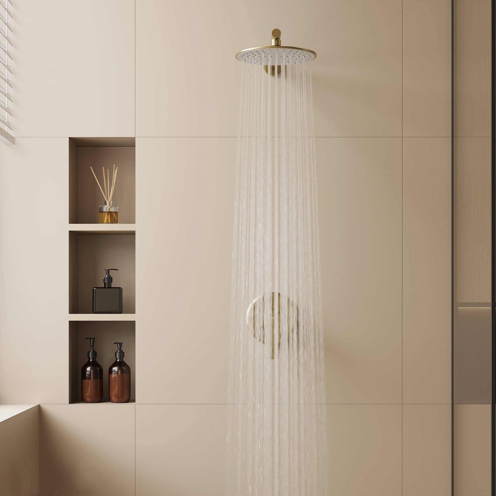 Alt View 10. Boyel Living - 1-Spray Patterns 2.5 GPM 9 in. Wall Mount Fixed Shower Head with Pressure Balance Valve and Trim in Brushed Gold - Brushed Gold.