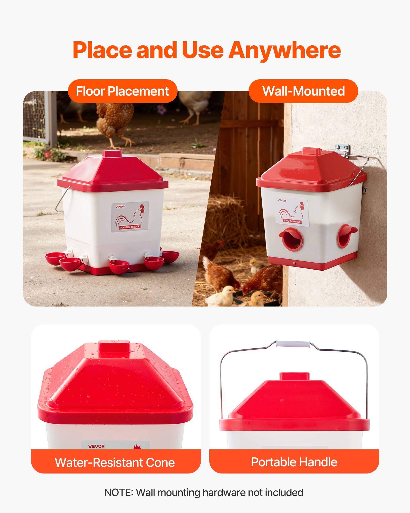 Place and Use Anywhere

- Floor Placement
- Wall-Mounted

VEVOR PAIP - Cs FOL

- Water-Resistant Cone
- Portable Handle

NOTE: Wall mounting hardware not included