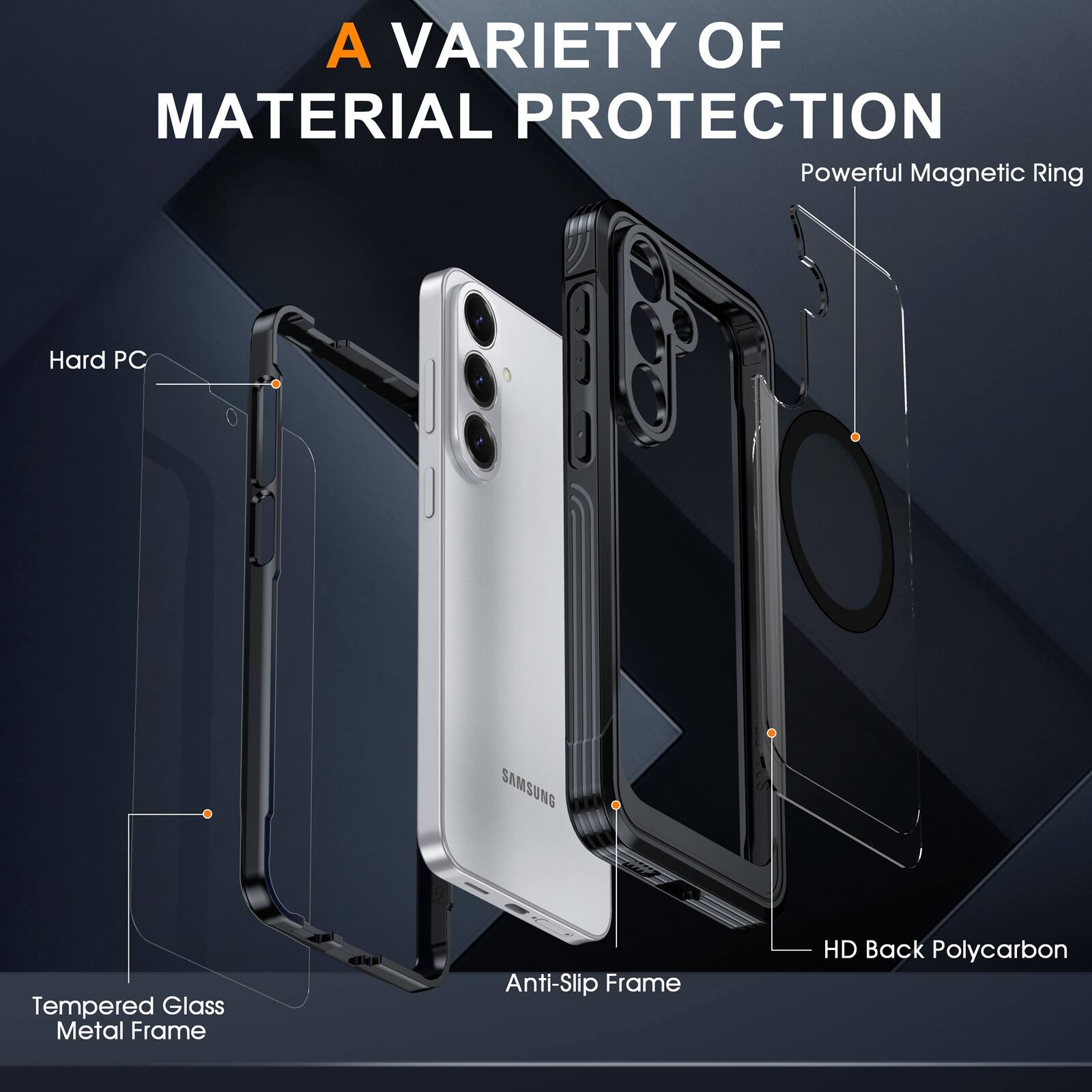 A VARIETY OF MATERIAL PROTECTION

- Powerful Magnetic Ring
- Hard PC
- Tempered Glass Metal Frame
- Anti-Slip Frame
- HD Back Polycarbon