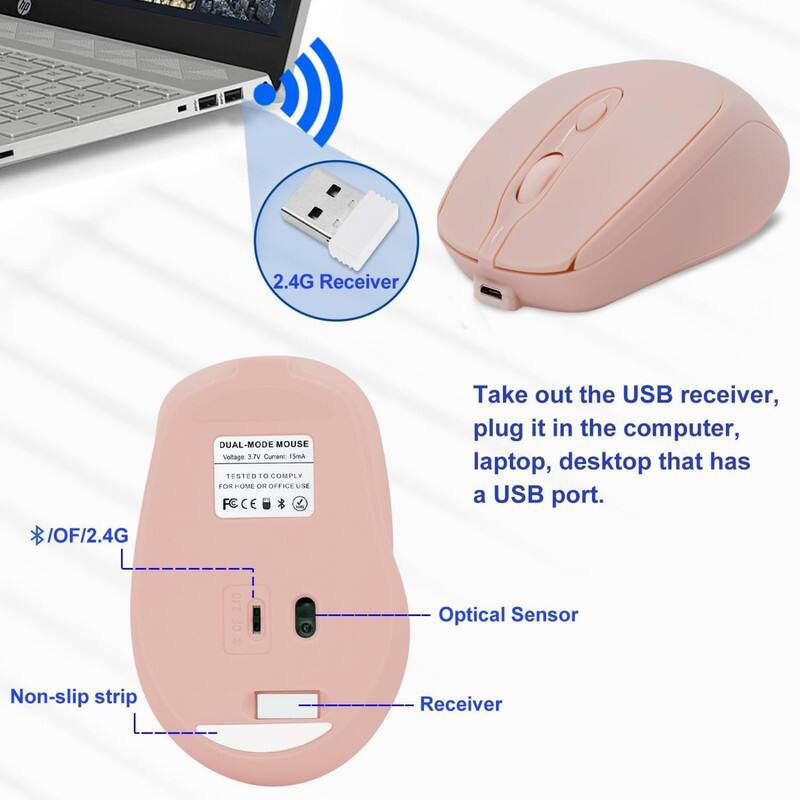 2.4G Receiver / OF / 2.4G DUAL-MODE MOUSE  
Voltage 3.2V Current 15mA  
TESTED TO COMPLY FOR HOME OR OFFICE USE  

* Take out the USB receiver, plug it in the computer, laptop, desktop that has a USB port.  
Optical Sensor  
Non-slip strip  
Receiver