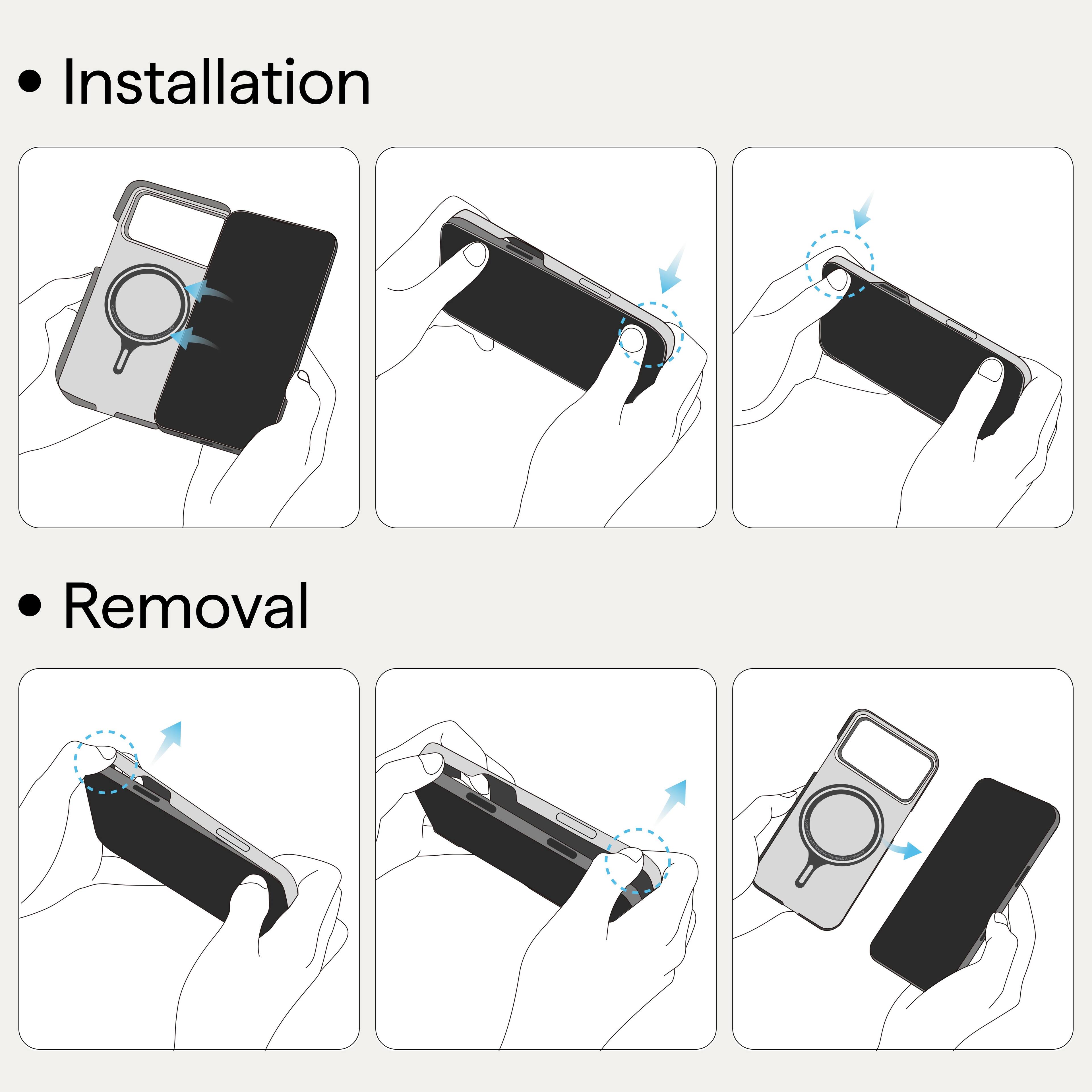 Installation

- Place the case on the phone.
- Align the buttons.
- Press the case onto the phone.

Removal

- Press the release buttons.
- Slide the case off the phone.