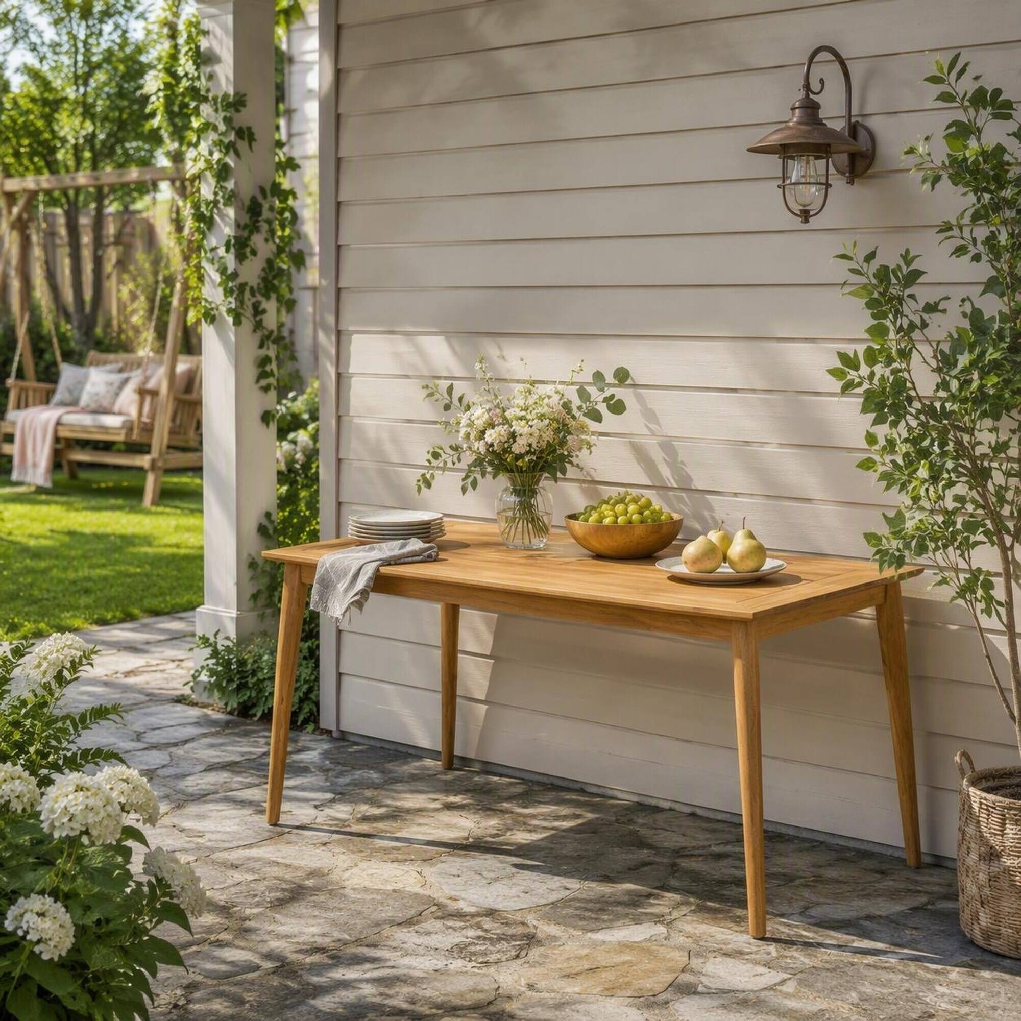 Alt View 2. RYHNUYNE - Outdoor Acacia Wood Rectangular Coffee Table,Slatted Patio Side Table for Porch Garden,Brown Finish - Teak.