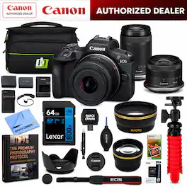 Bundle - Canon - EOS R100 Mirrorless Camera with 2 Lens Kit RF-S 18-45mm and 55-210mm with Double Battery & Accessories