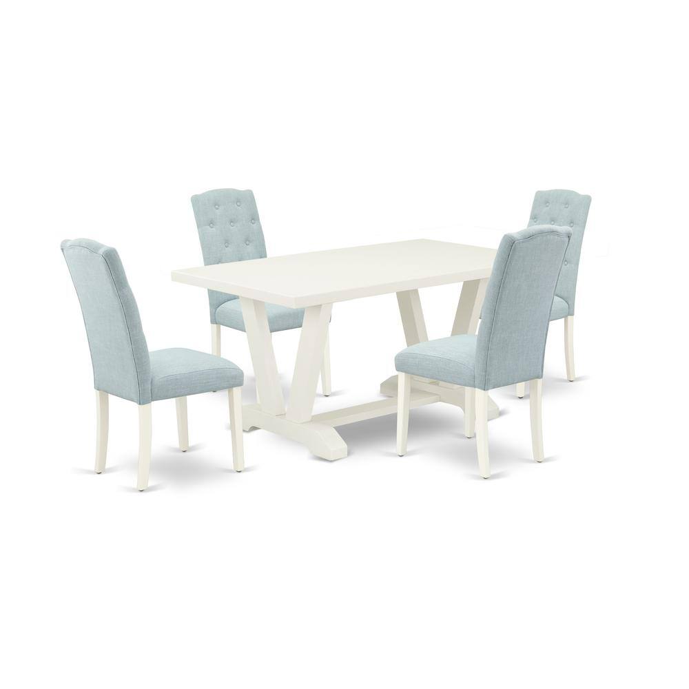 Left. East West Furniture - East West Furniture 5-Pc Dining Room Table Set- 4 Parson Chairs with Baby Blue Linen Fabric Seat and Button Tufted - Multi-Color.