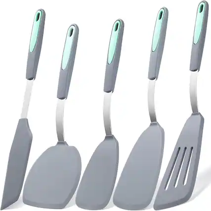 Front. RTMB - Heat-resistant cooking utensils, five-piece silicone spatula set, non-stick - 5 Pieces Light Grey.