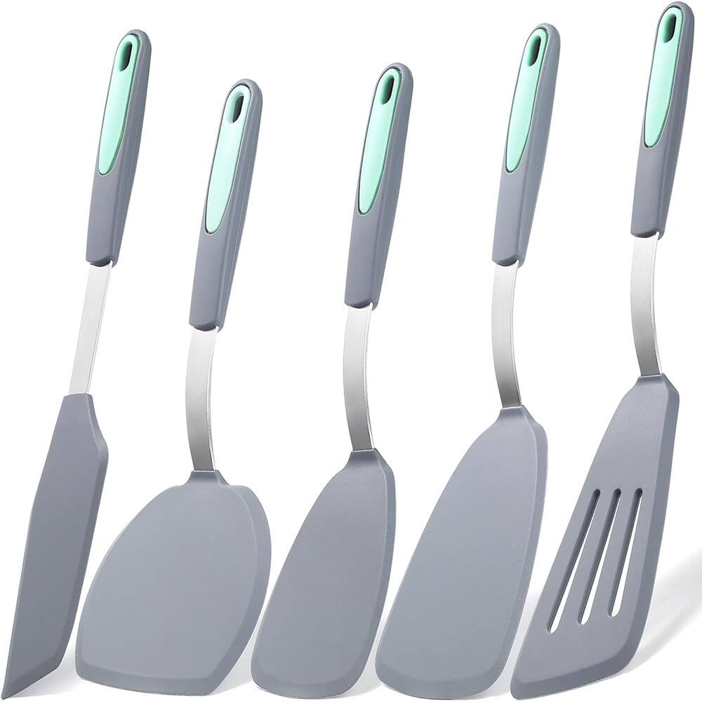 Front. RTMB - Heat-resistant cooking utensils, five-piece silicone spatula set, non-stick - 5 Pieces Light Grey.