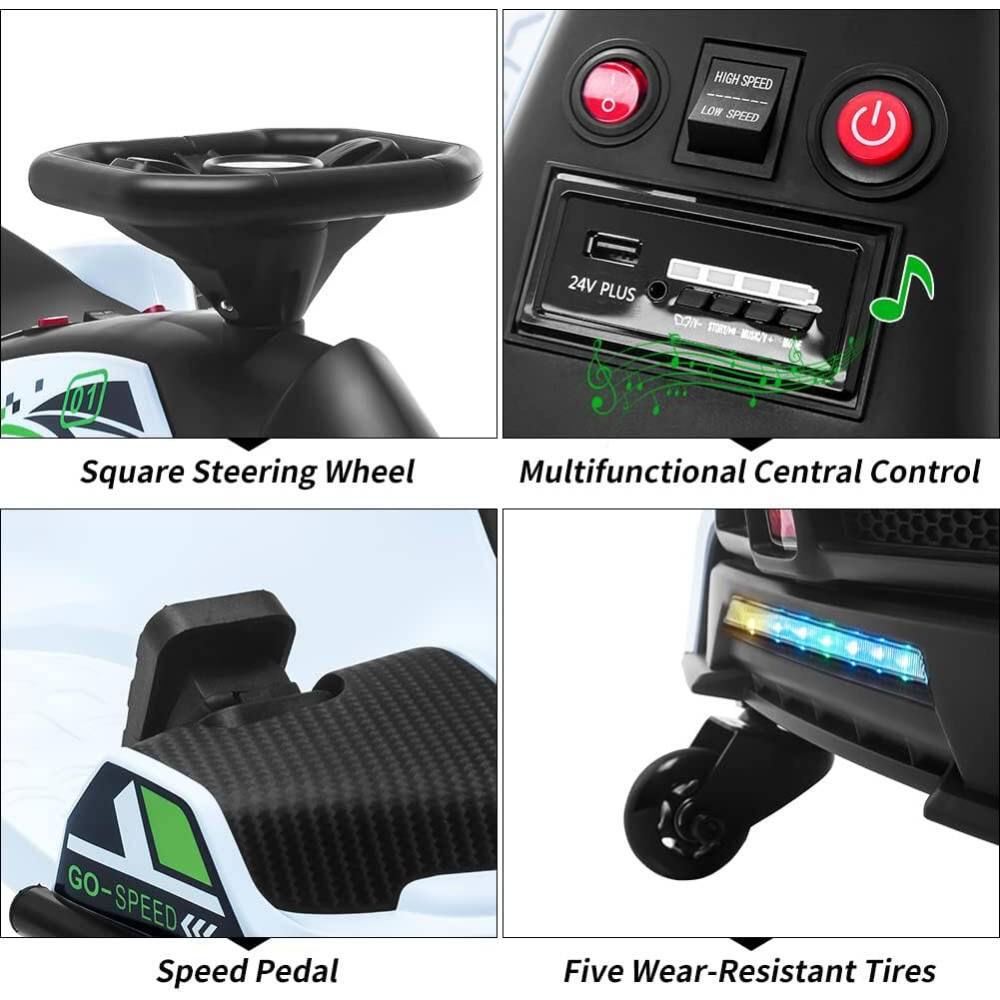 1. Square Steering Wheel
2. Multifunctional Central Control
   - HIGH SPEED
   - LOW SPEED
   - 24V PLUS
3. Speed Pedal
   - GO-SPEED
4. Five Wear-Resistant Tires
