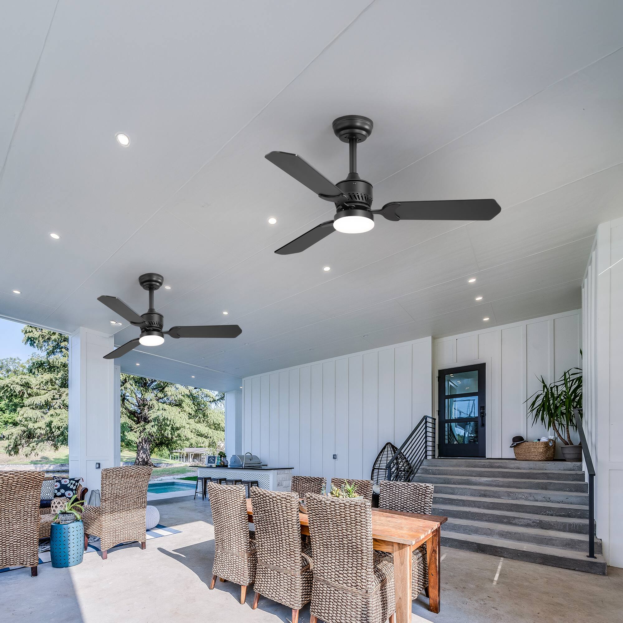 Back. Breezary - 42-In Traditional 2-Pack Ceiling Fan, 3 Plywood Blades, 2 Downrods, 6-Speed DC Motor, Remote Control and Timer - Matte Black and Deep Wood Grain.