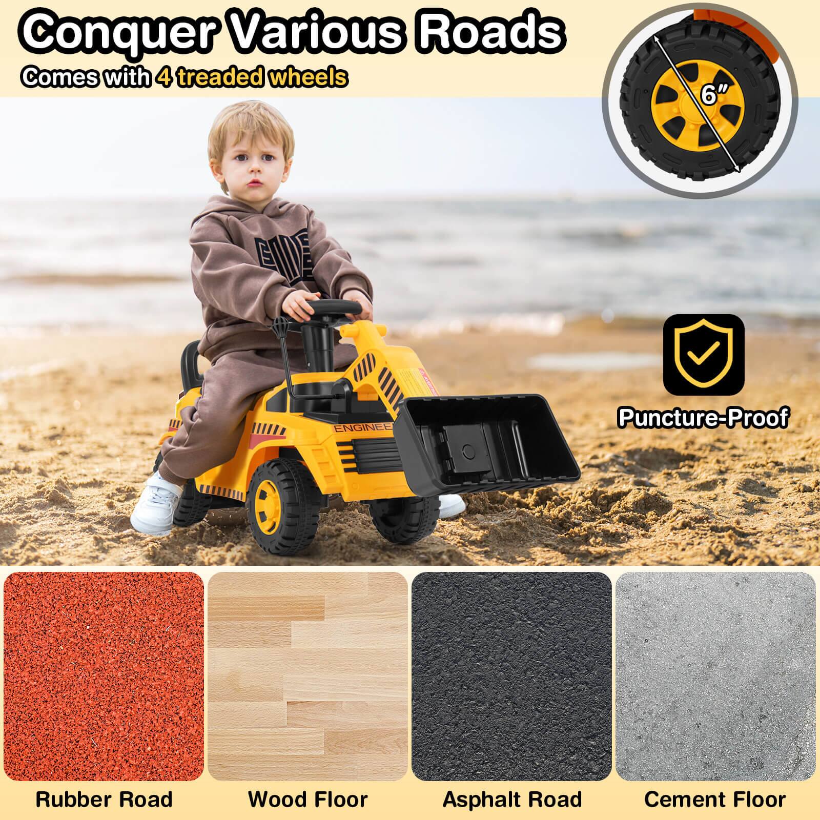 Conquer Various Roads  
Comes with 4 treaded wheels  

6" DE  

Puncture-Proof  

Rubber Road  
Wood Floor  
Asphalt Road  
Cement Floor