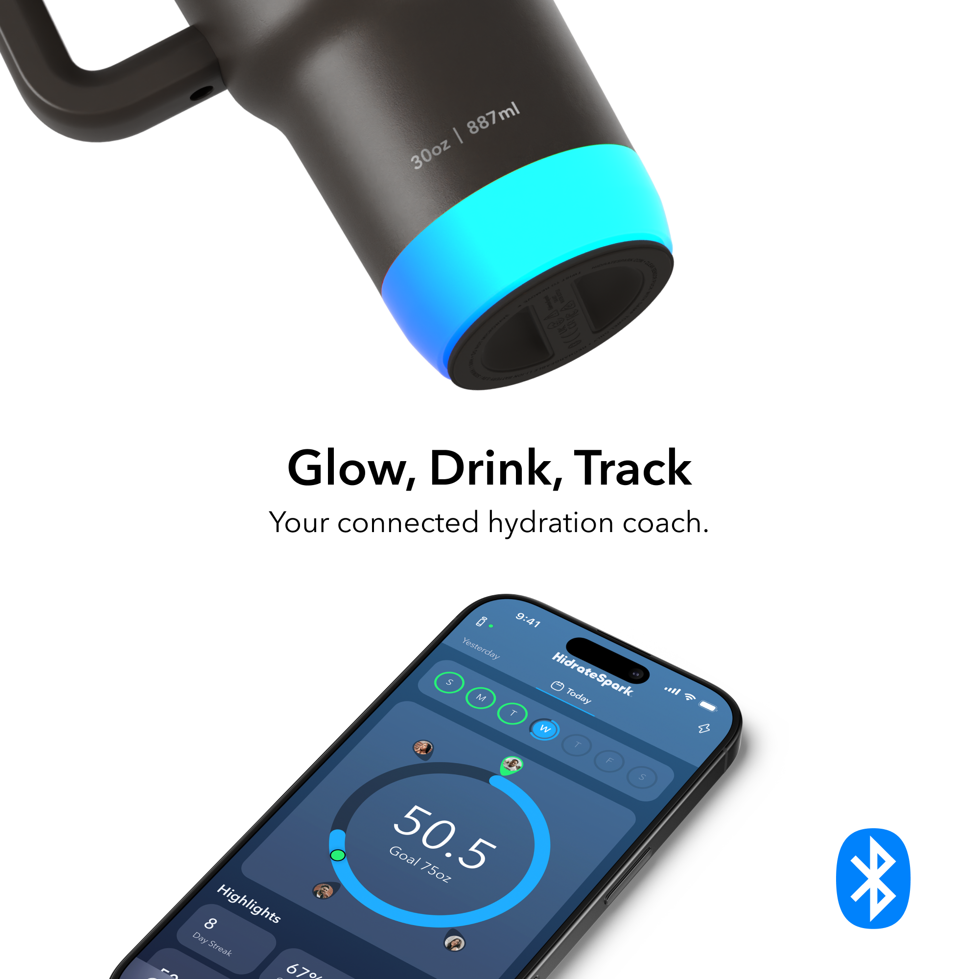 Sure, here is the corrected and grouped text:

---

**Water Bottle:**
- 30oz | 887ml

**App Display:**
- 9:41
- Yesterday
- HidrateSpark
- Today
- 50.5 Goal / 75oz
- Highlights: 8 Day-Spank
- 67% AF

**Additional Text:**
- ALoRE
- Zereak
- F

---