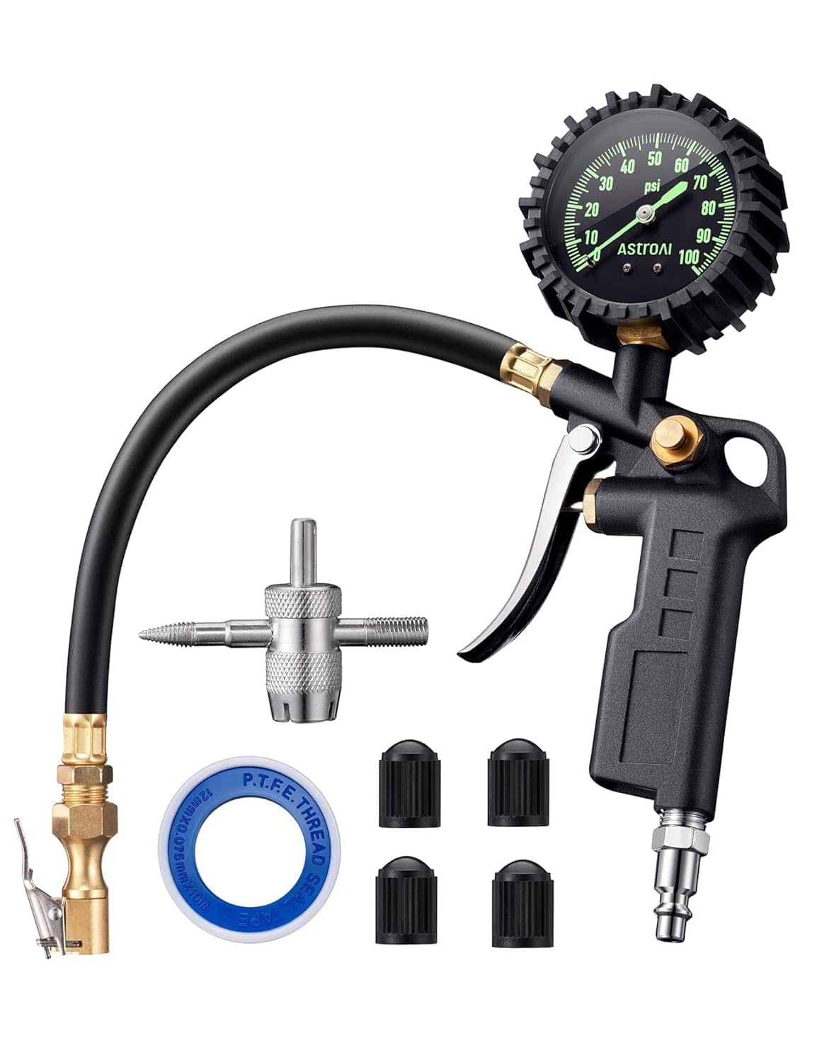 AstroAI - Tire Pressure Gauge with Inflator 100 PSI ANSI B40.1 Accurate 2.5 Inch Easy Read Glow Dial with Air Chuck and Compressor - Black