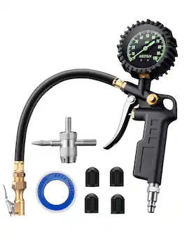 AstroAI - Tire Pressure Gauge with Inflator 100 PSI ANSI B40.1 Accurate 2.5 Inch Easy Read Glow Dial with Air Chuck and Compressor - Black