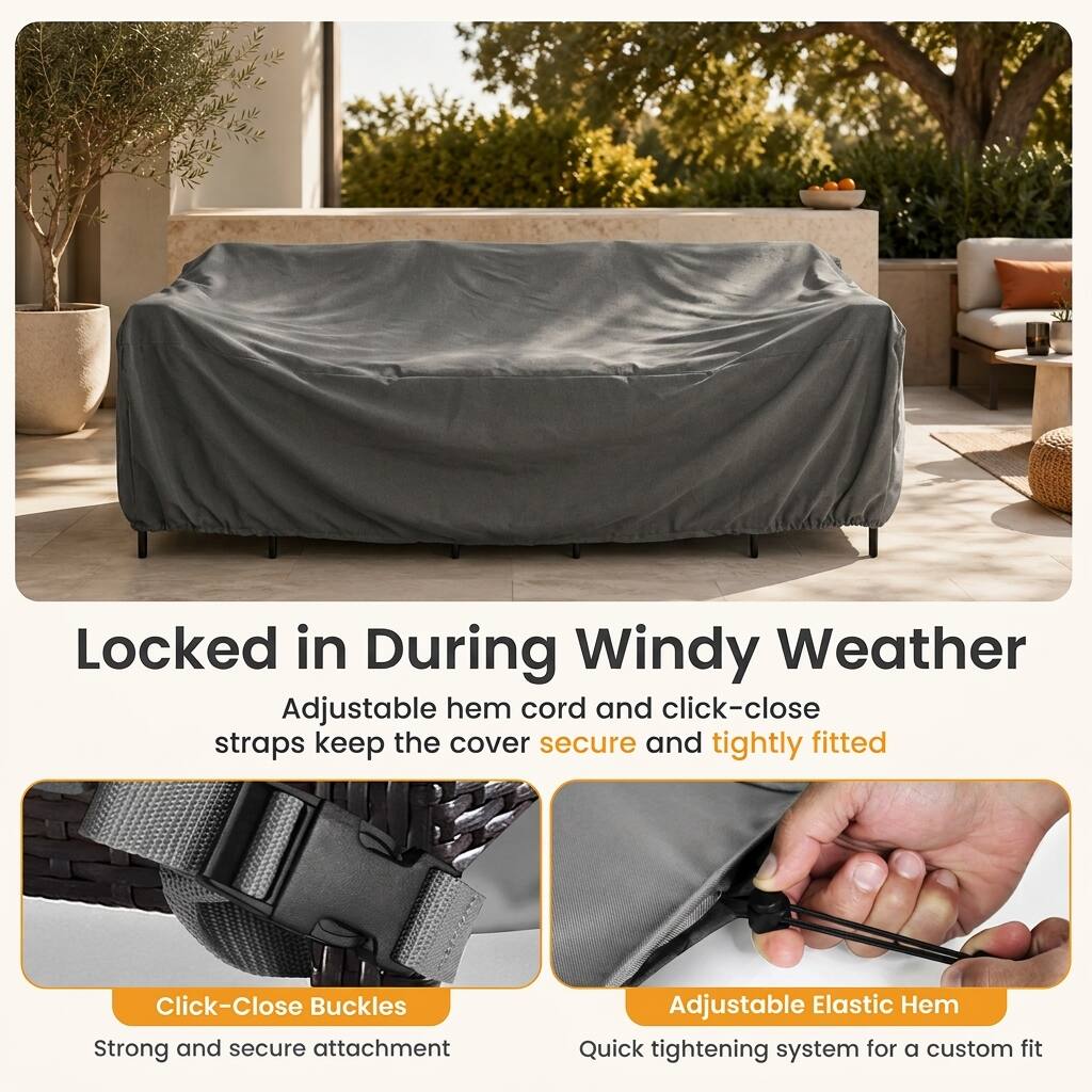 Locked in During Windy Weather

Adjustable hem cord and click-close straps keep the cover secure and tightly fitted

Click-Close Buckles
Strong and secure attachment

Adjustable Elastic Hem
Quick tightening system for a custom fit