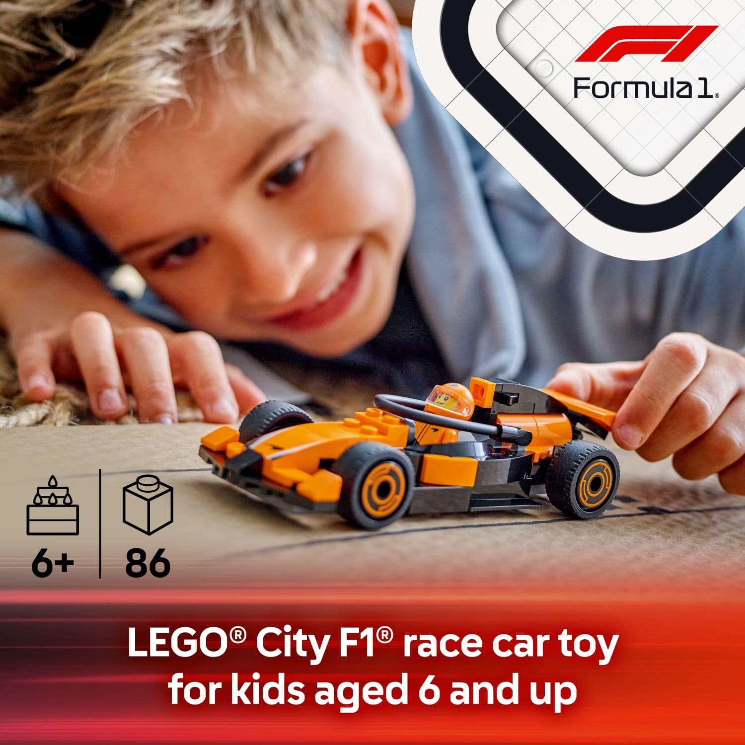 Formula 1. 6+ 86 R R LEGO City F1 race car toy for kids aged 6 and up.