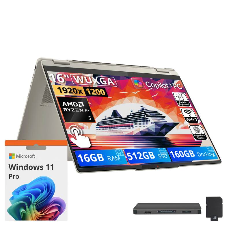 16" WUXGA 1920x1200  
AMD Ryzen 5  
AI Copilot+PC  
Backlit Keyboard  
5 WiFi7  
Fingerprint Reader  
Microsoft Windows 11 Pro  
16GB RAM  
512GB SSD  
160GB Docking
