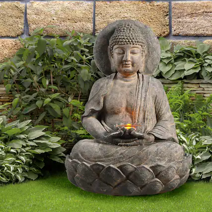 Front. Teamson Home - Teamson Home 28.35" Buddha LED Outdoor Water Fountain, Rustic Gray.