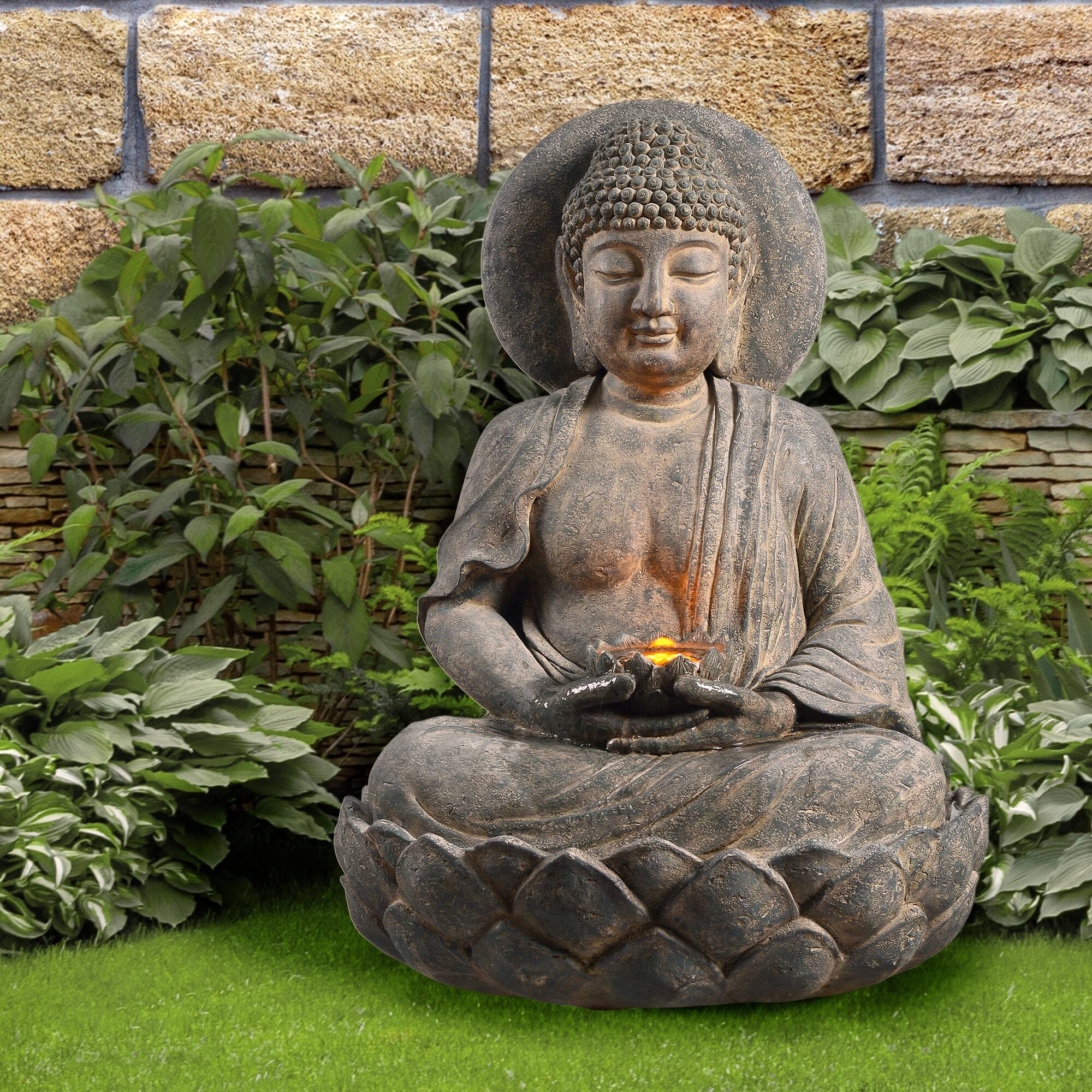Front. Teamson Home - Teamson Home 28.35" Buddha LED Outdoor Water Fountain, Rustic Gray.