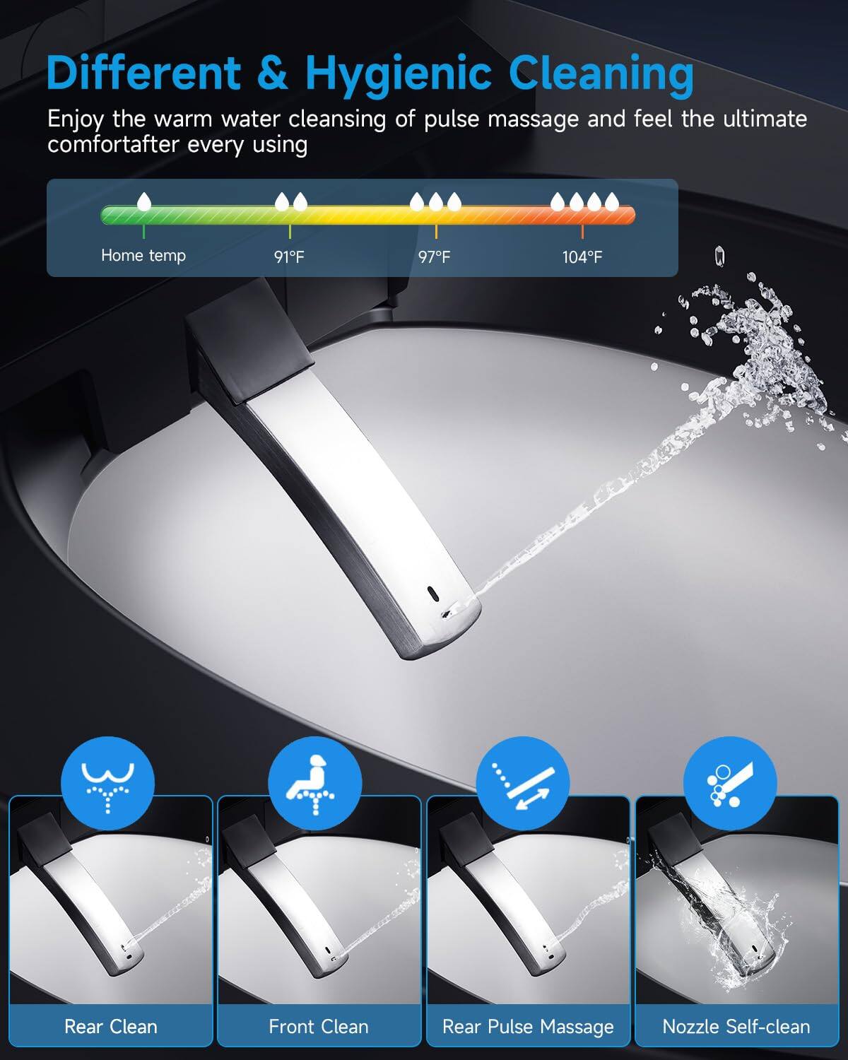Different & Hygienic Cleaning

Enjoy the warm water cleansing of pulse massage and feel the ultimate comfort after every using

Home temp 91°F 97°F 104°F

Rear Clean  
Front Clean  
Rear Pulse Massage  
Nozzle Self-clean