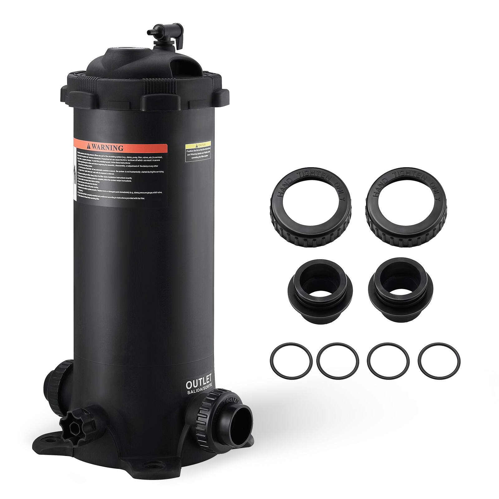 A WARNING

OUTLET
SALIDA DE AGUA

HAND TIGHTEN ONLY